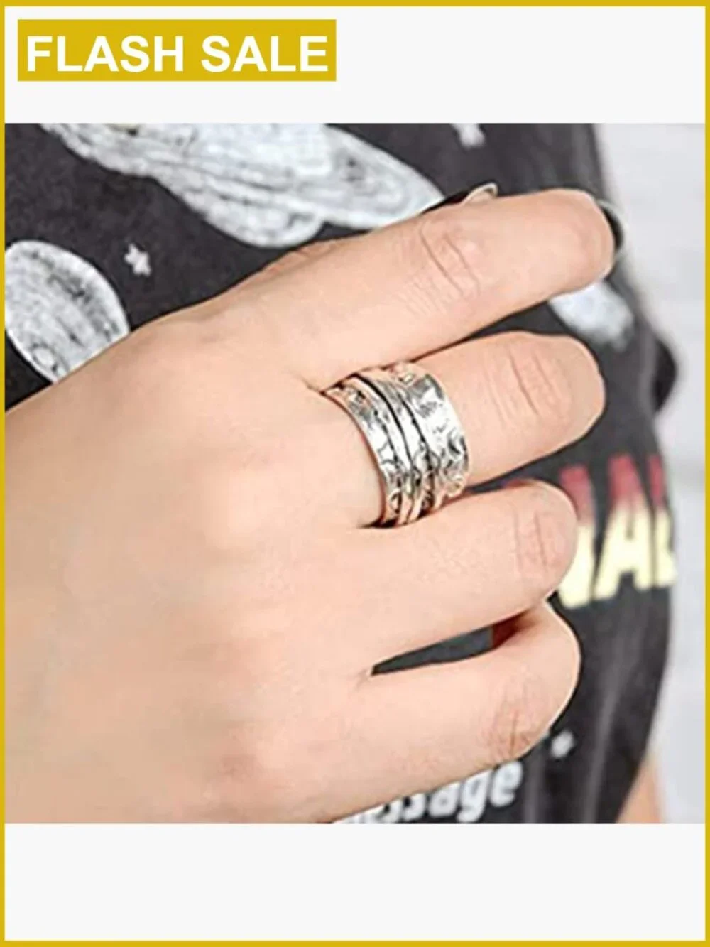 Hammered Sun Moon Star Spinner Ring Stainless Steel Statement Band
